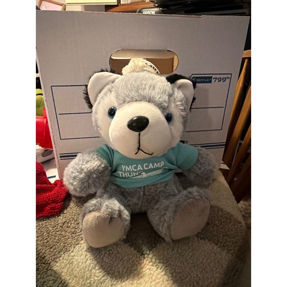 TAG YMCA Camp Thunderbird Plush Wolf Grey Stuffed Animal Blue Eyes Teal Shirt
